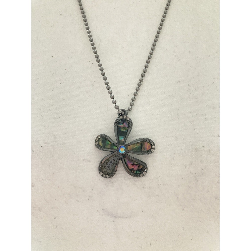 Dark Silver Tone Flower Pendant Necklace Iridescent Enamel Rhinestone Center